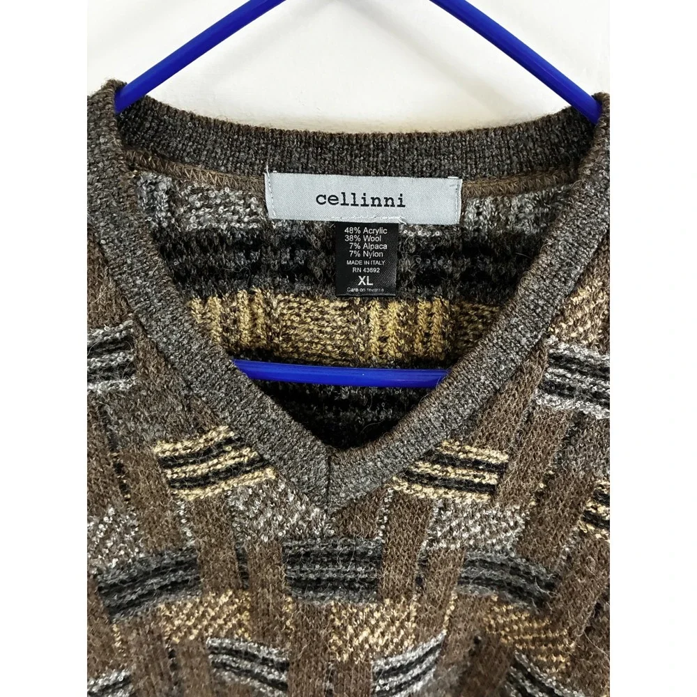 Cellinni V-Neck Sweater Mens XL Brown Wool Alpaca Blend Geometric Made in Italy